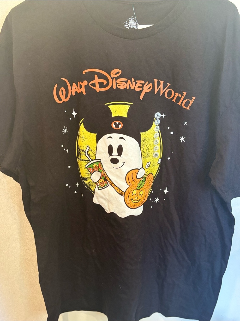 Disney Black Halloween Mickey Ghost Tee with Orange and Yellow Accents
